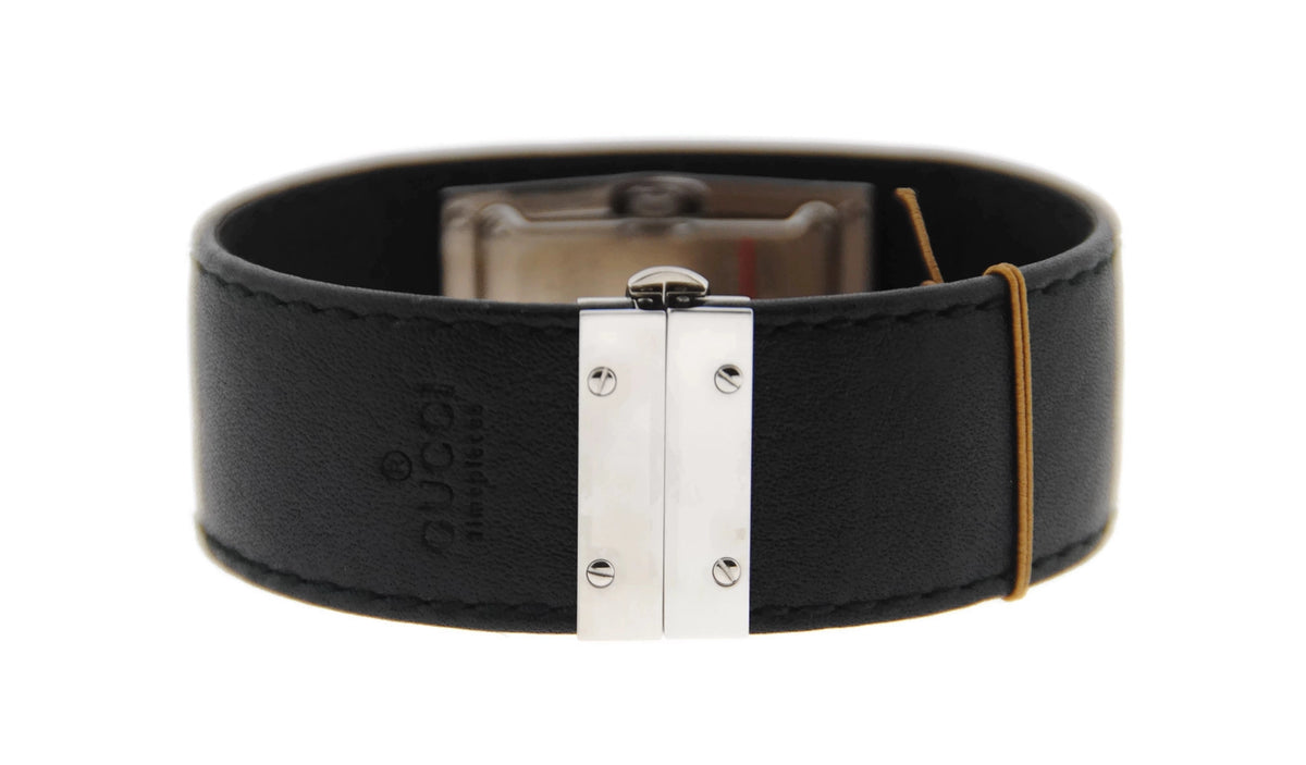 Gucci Black Dial Black Leather Stainless Steel Watch YA078606