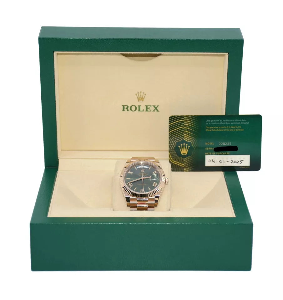 Rolex Day Date Olive Green 18K Rose Gold Watch 228235