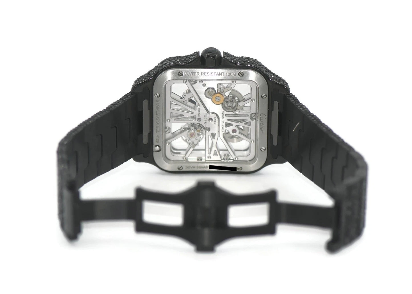 Cartier Santos Skeleton Black Diamond Stainless Steel Watch WHSA0015