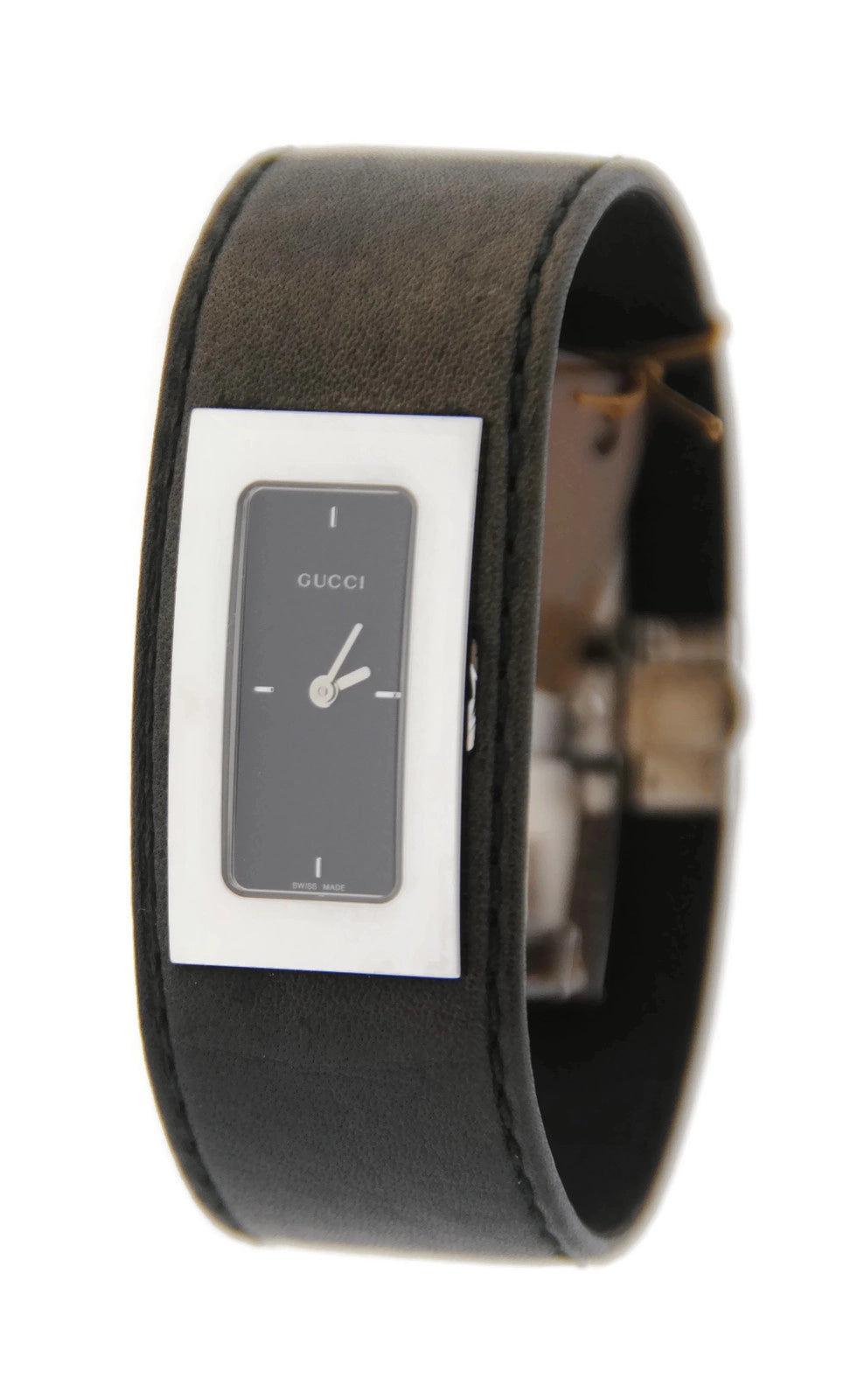 Gucci Black Dial Black Leather Stainless Steel Watch YA078606