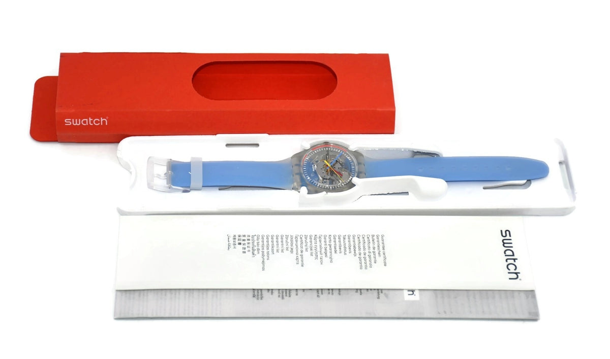 Swatch Blue Stripped Skeleton Plastic Watch SUOK156